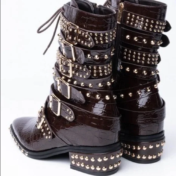 Western Cowboy Brown Vegan Crocodile Leather Studded Belt Strap Riding Boots - Picture 4 of 5